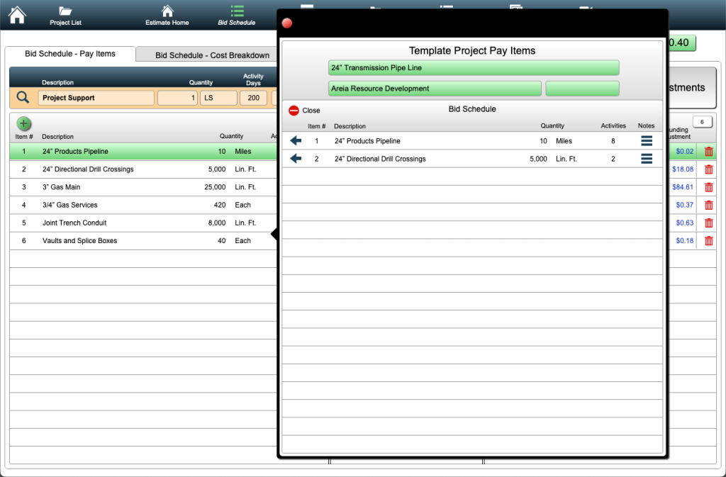 Duplicating bid items in pipeline construction estimate