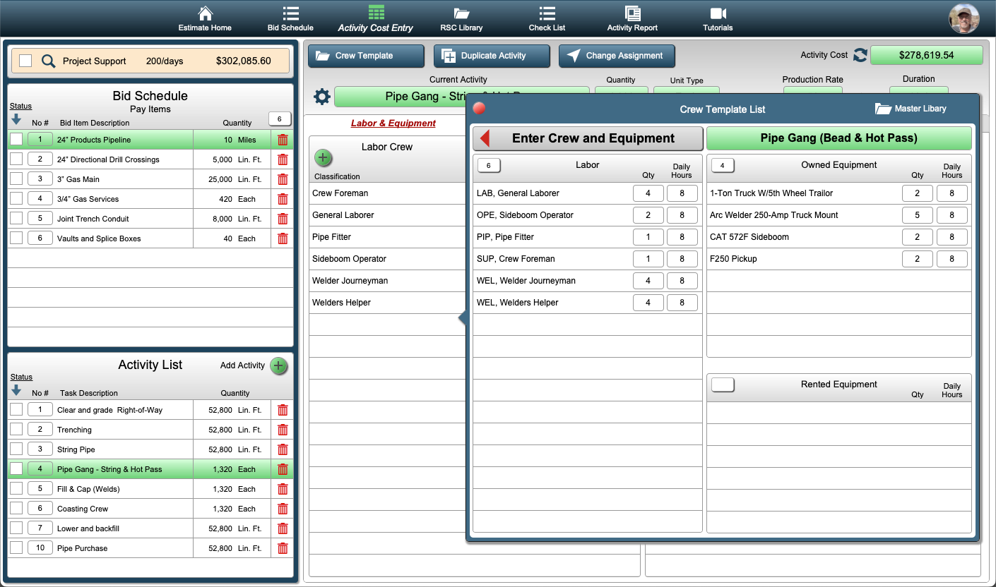 Dashboard of a crew template for underground construction estimate