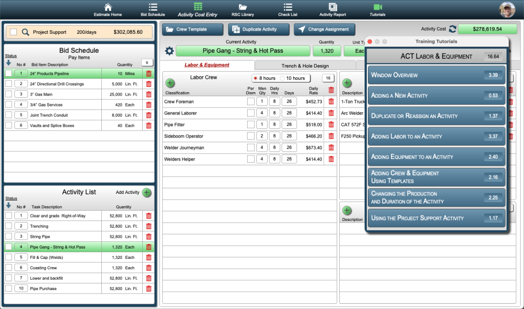 Dashboard of a crew template for underground construction estimate